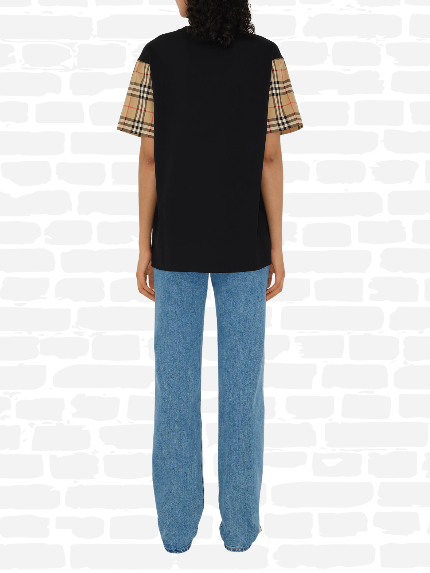 ברברי טי שירט צבע שחור CHECK-SLEEVE T-SHIRT